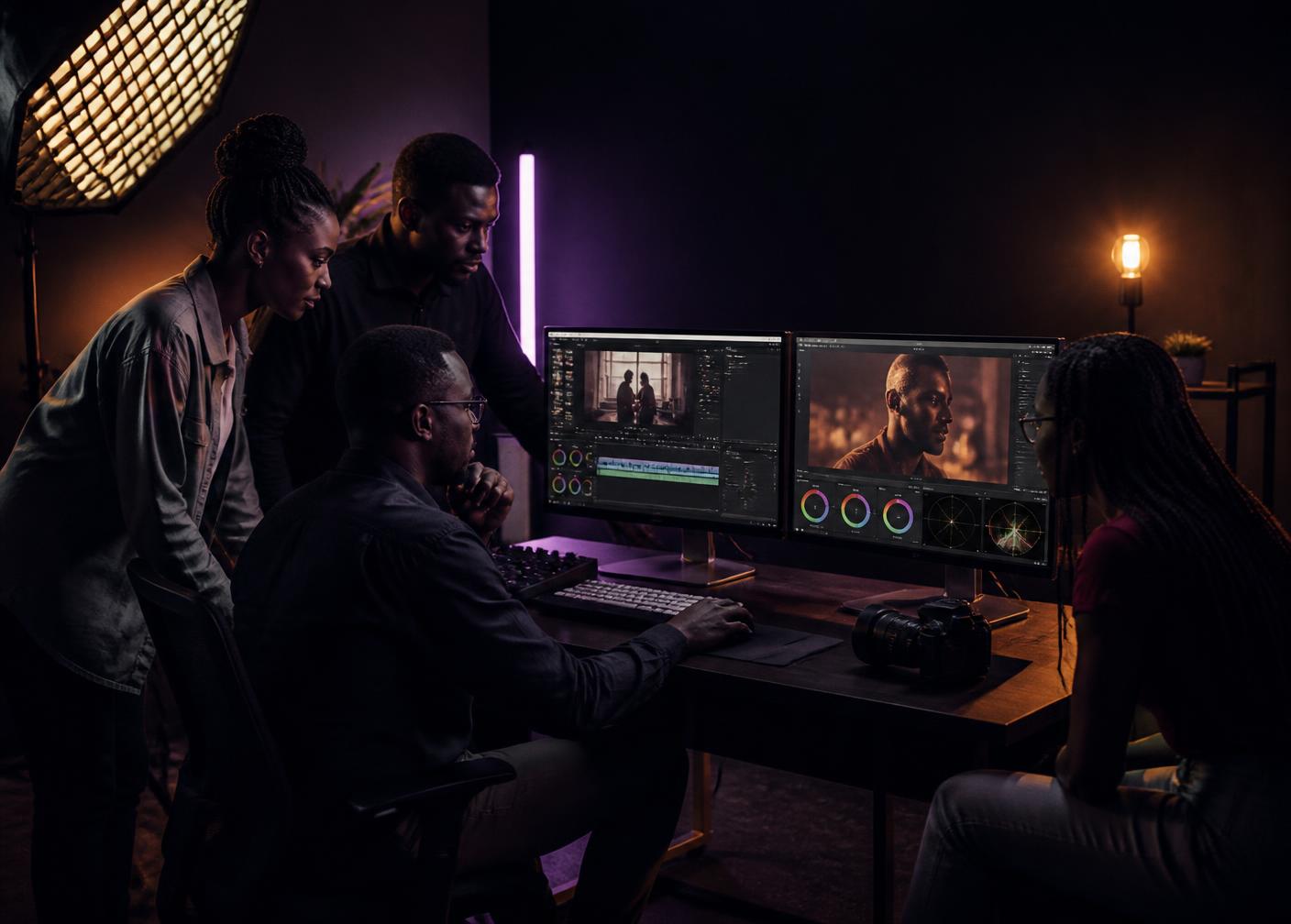 The Nice Dee Media team reviewing footage in the studio